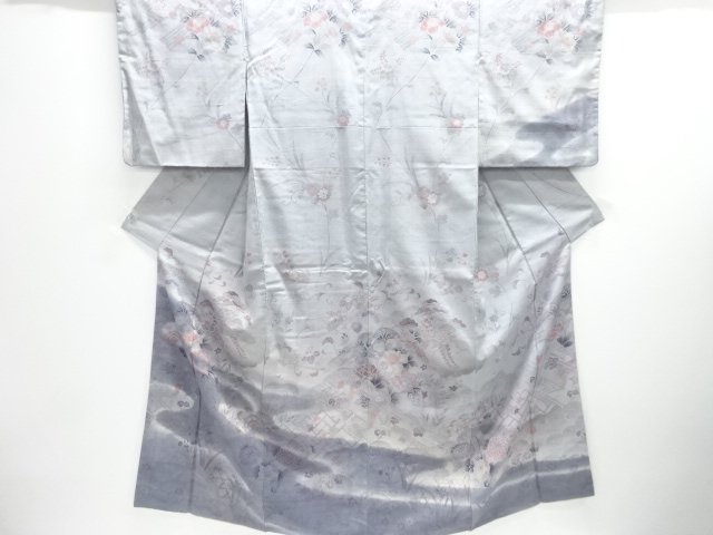 JAPANESE KIMONO / ANTIQUE KIMONO / SILK / HAND WOVEN / MAWATA TSUMUGI / PEONY & WISTERIA & FLORAL PLANTS